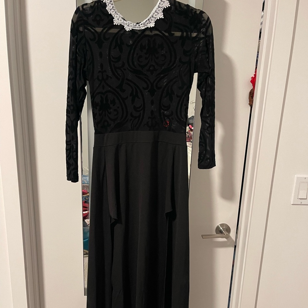 Black, sheer top dress with 2 slits.